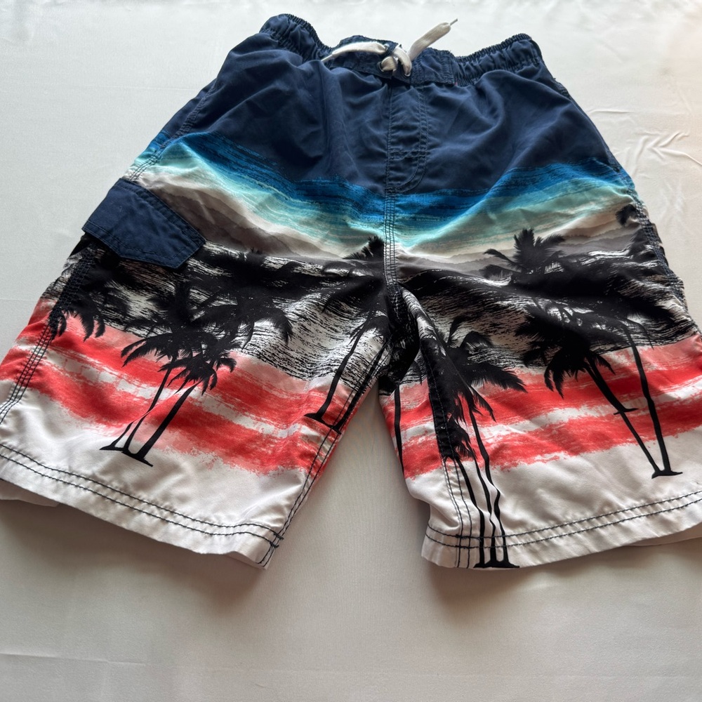 Okanu Brand, Blue & Red Striped Swim Trunks W/Tropical Print, Boy’s (Sz L 14/16) - Picture 2 of 7